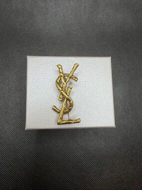 YSL Vintage Gold Tone Logo Brooch 1.90”
